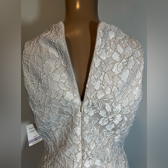 Taylor White Lace Mini Dress with Tan Feather Trim - Picture 4 of 9